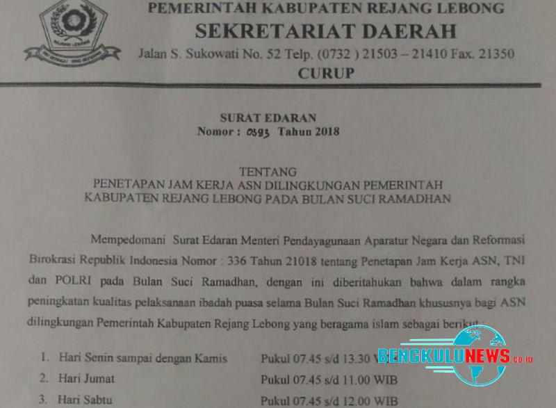 ASN Rejang Lebong Dapat Potongan Jam Kerja 30 Menit