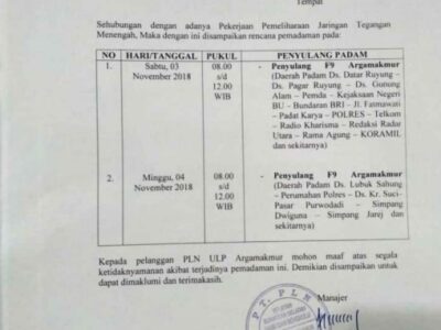 Besok, Aliran Listrik di Wilayah Argamakmur Padam 4 Jam