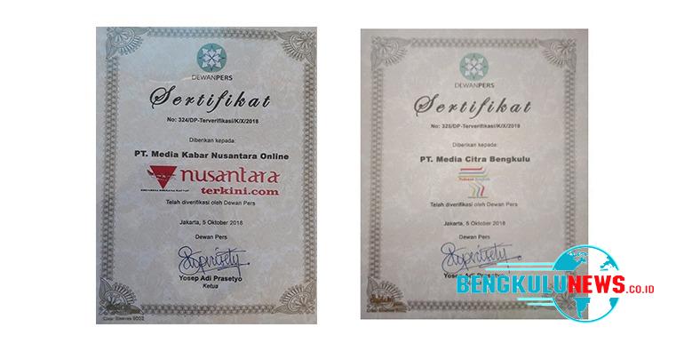 Dua Media Online Anggota SMSI Bengkulu Terima Sertifikat dari Dewan Pers
