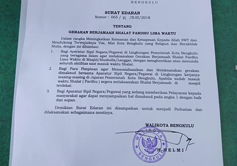 Surat edaran Wali Kota Bengkulu nomor 065/14/B. III/ 2018