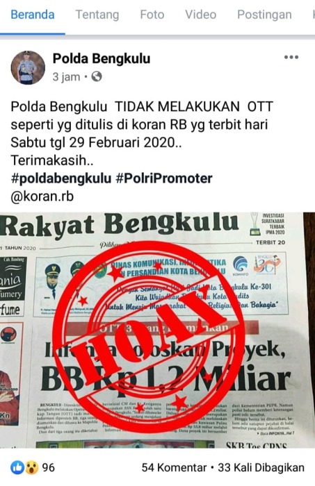 Polda Bengkulu Sebut Info OTT Hoaks