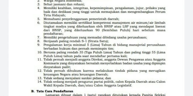 Pemkot Buka Seleksi Calon Direktur Perumda Tirta Hidayah
