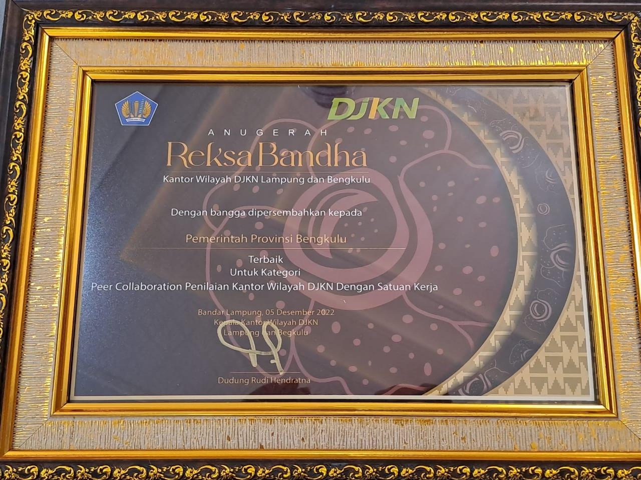 Provinsi Bengkulu Raih Anugerah Reksa Bandha 2022 Kategori Mitra Kerja Sama