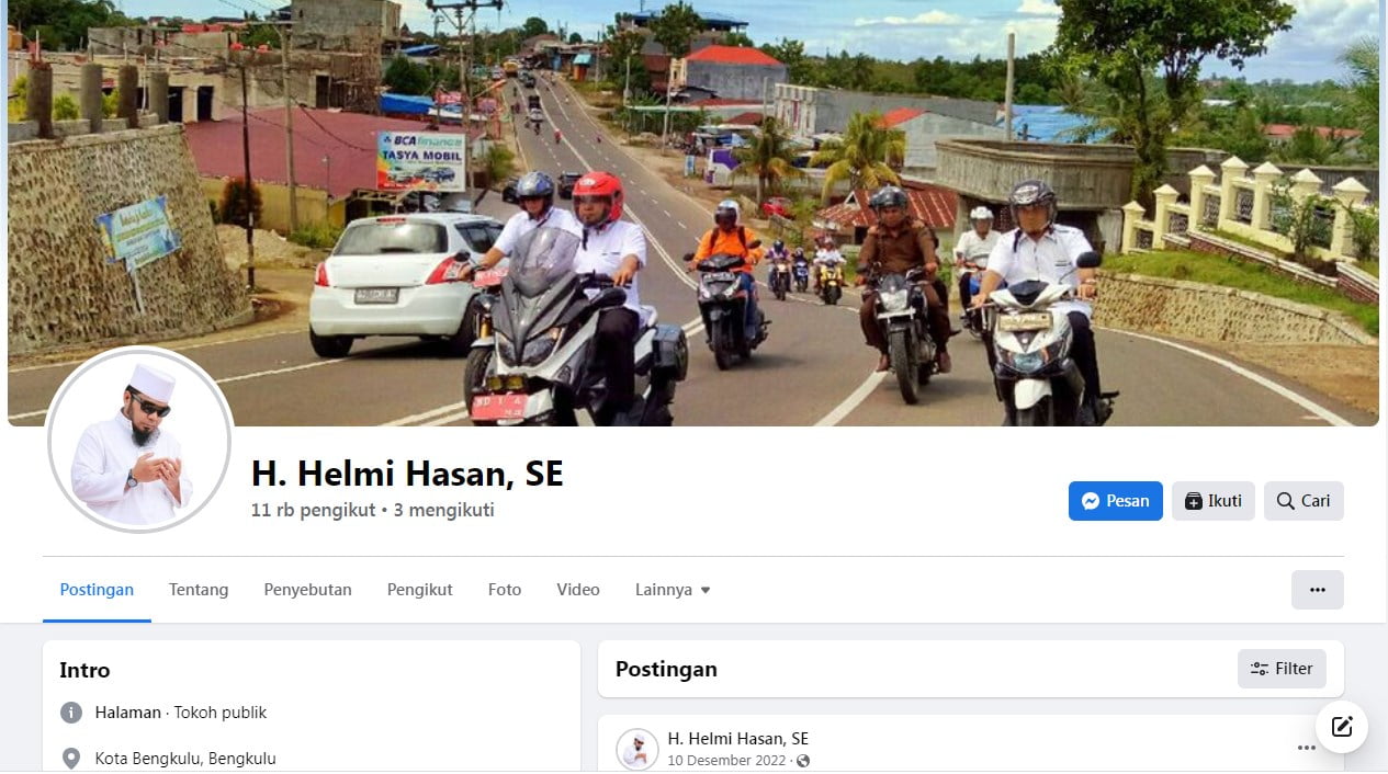 Tangkapan layar Fanspage FB milik Walikota Bengkulu, Helmi Hasan