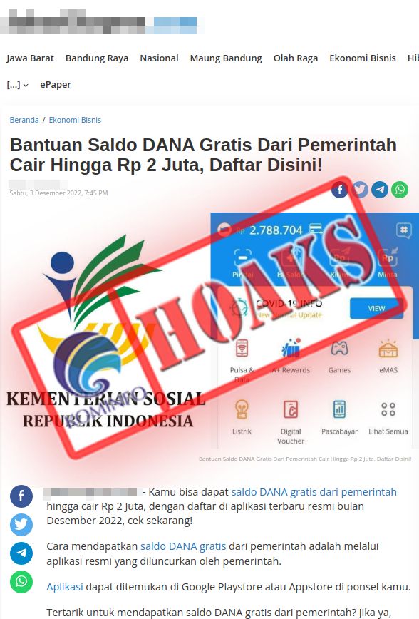 Hoaks!! Bantuan Saldo Dana Rp 2 Juta dari Kemensos
