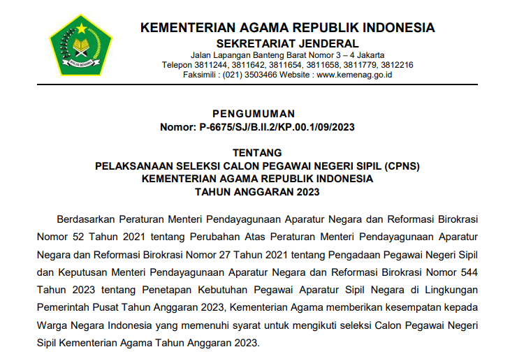 Tangkapan Layar Pengumuman CPNS Kemenag 2023.