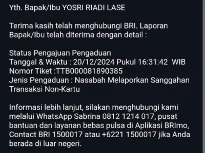 Bukti aduan Yosti via email ke BRI