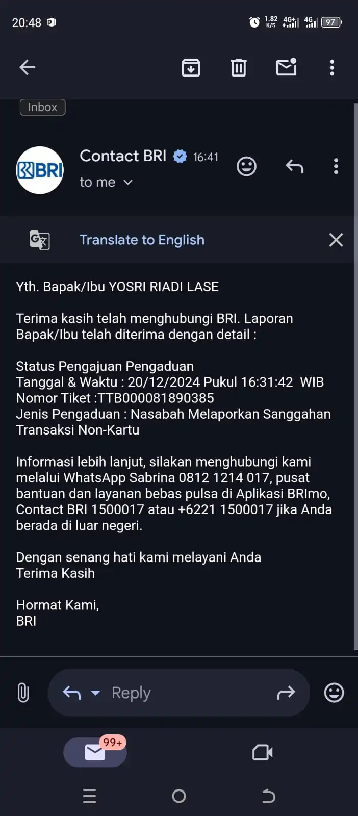 Bukti aduan Yosti via email ke BRI