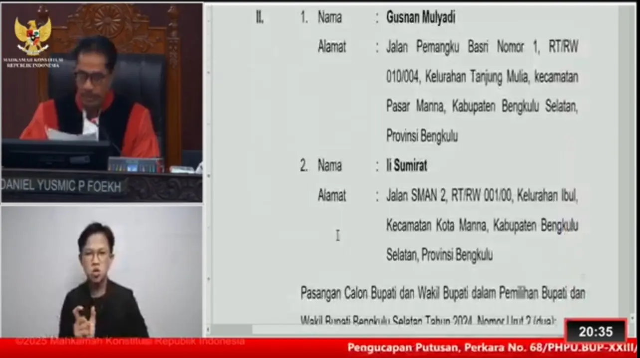 Gusnan Mulyadi Didiskualifikasi! MK Perintahkan PSU Bengkulu Selatan dalam 60 Hari