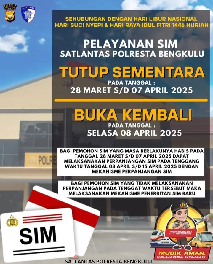 Layanan SIM dan SKCK di Polresta Bengkulu Tutup Sementara Selama Libur Lebaran dan Nyepi