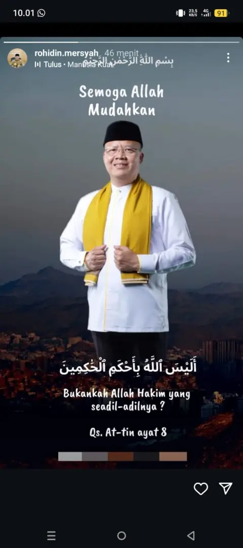 Menjelang Sidang OTT, Mantan Gubernur Rohidin Mersyah Unggah Pesan Religius di Instagram