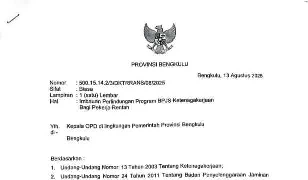Pemprov Bengkulu Terbitkan Surat Edaran Perlindungan Pekerja Rentan