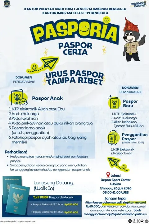 Pasporia Kembali Digelar Minggu Ini, Imigrasi Bengkulu Ingatkan Masyarakat Segera Siapkan Persyaratan