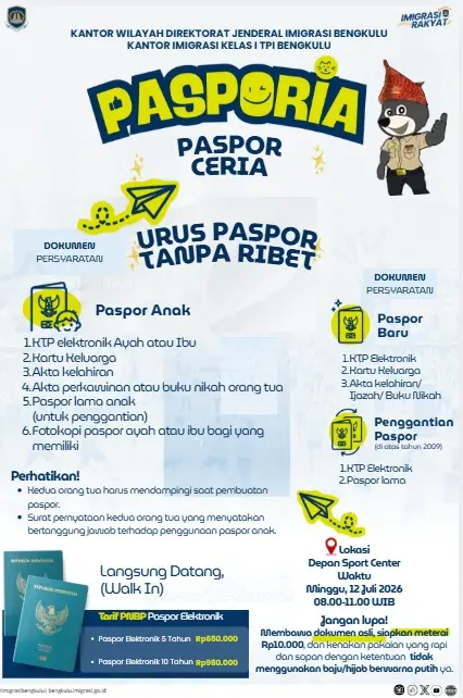 Minggu Pagi Urus Paspor Jadi Lebih Mudah, Imigrasi Bengkulu Hadirkan PASPORIA di Sport Center