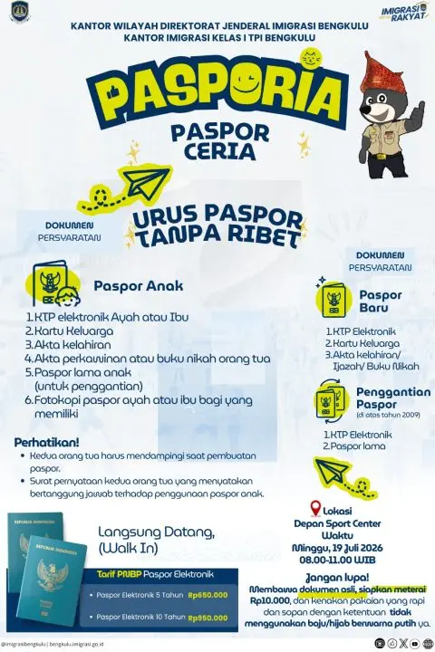 PASPORIA Imigrasi Bengkulu Kembali Hadir, Warga Tak Perlu Rebutan Antrean M-Paspor