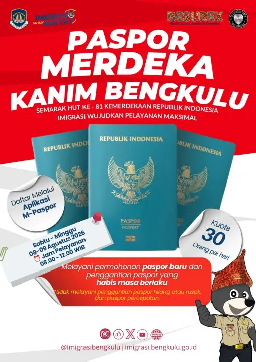 Paspor Merdeka Hadir Meriahkan HUT ke-81 RI, Imigrasi Bengkulu Buka Layanan Akhir Pekan