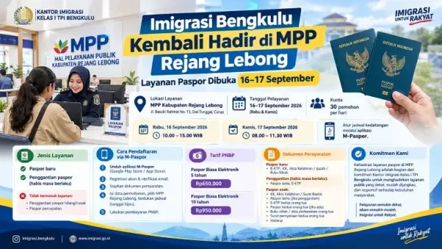 Imigrasi Bengkulu Kembali Hadir di MPP Rejang Lebong, Layanan Paspor Dibuka 16–17 September
