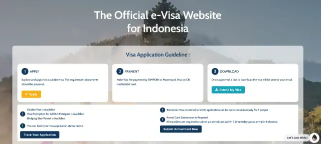 WNA dapat mengajukan permohonan visa serta izin tinggal, mulai dari Izin Tinggal Kunjungan (ITK), Izin Tinggal Terbatas (ITAS), hingga Izin Tinggal Tetap (ITAP), melalui laman resmi evisa.imigrasi.go.id.